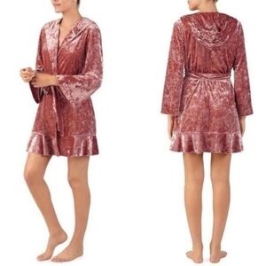 Betsey Johnson Pinkish Maroon Hooded Velvet Belted Robe with Ruffled Hem size XS